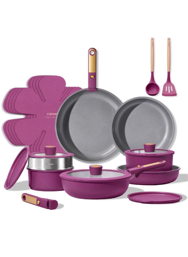 Carote 21-Piece Ceramic Cookware Set with Detachable Handle, Stackable Pots & Pans with Lids, PFAS-Free Nonstick Healthy Cooking Set, All Kitchen Stovetop Compatible, Dishwasher Safe (Purple) - Image 1